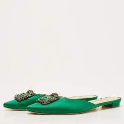 Pre Owned Manolo Blahnik Green Satin Hangisi Crystal Embellished Flat Mules Size 42