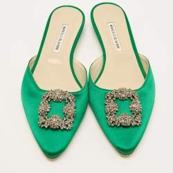 Pre Owned Manolo Blahnik Green Satin Hangisi Crystal Embellished Flat Mules Size 42