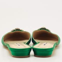 Pre Owned Manolo Blahnik Green Satin Hangisi Crystal Embellished Flat Mules Size 42