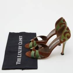 Pre Owned Manolo Blahnik Green/Brown Patent Leather and Suede Palmata D'orsay Pumps Size 36.5