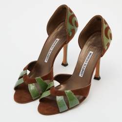 Pre Owned Manolo Blahnik Green/Brown Patent Leather and Suede Palmata D'orsay Pumps Size 36.5