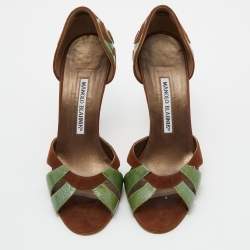 Pre Owned Manolo Blahnik Green/Brown Patent Leather and Suede Palmata D'orsay Pumps Size 36.5