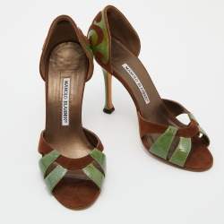 Pre Owned Manolo Blahnik Green/Brown Patent Leather and Suede Palmata D'orsay Pumps Size 36.5