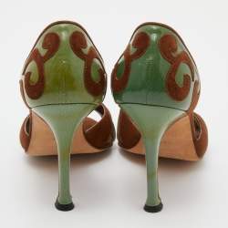 Pre Owned Manolo Blahnik Green/Brown Patent Leather and Suede Palmata D'orsay Pumps Size 36.5