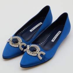 Pre Owned Manolo Blahnik Blue Satin Pasiosa Ballet Flats Size 36