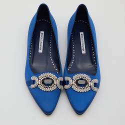 Pre Owned Manolo Blahnik Blue Satin Pasiosa Ballet Flats Size 36