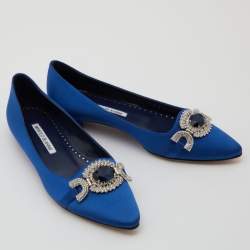 Pre Owned Manolo Blahnik Blue Satin Pasiosa Ballet Flats Size 36