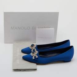 Pre Owned Manolo Blahnik Blue Satin Pasiosa Ballet Flats Size 36