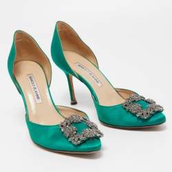 Pre Owned Manolo Blahnik Green Satin D'orsay Pumps Size 37.5