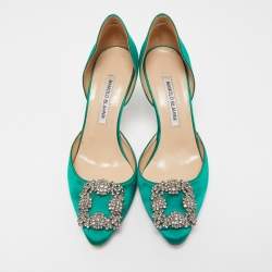 Pre Owned Manolo Blahnik Green Satin D'orsay Pumps Size 37.5