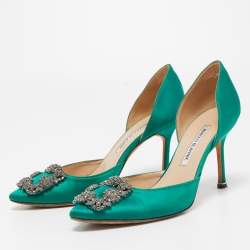 Pre Owned Manolo Blahnik Green Satin D'orsay Pumps Size 37.5