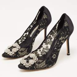 Pre Owned Manolo Blahnik Black Lace and Satin Hangisi Pumps Size 36