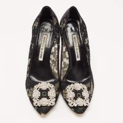 Pre Owned Manolo Blahnik Black Lace and Satin Hangisi Pumps Size 36
