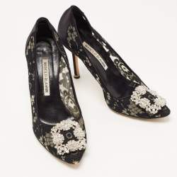 Pre Owned Manolo Blahnik Black Lace and Satin Hangisi Pumps Size 36