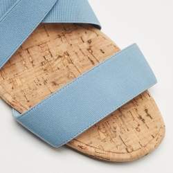 Manolo Blahnik Blue Stretch Fabric Terwe Cork Wedge Ankle Strap Sandals Size 40