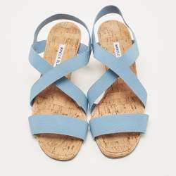 Manolo Blahnik Blue Stretch Fabric Terwe Cork Wedge Ankle Strap Sandals Size 40