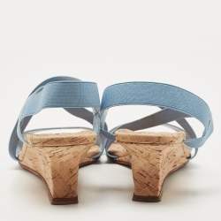 Manolo Blahnik Blue Stretch Fabric Terwe Cork Wedge Ankle Strap Sandals Size 40