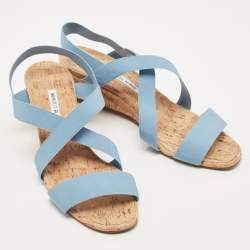 Manolo Blahnik Blue Stretch Fabric Terwe Cork Wedge Ankle Strap Sandals Size 40