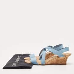 Manolo Blahnik Blue Stretch Fabric Terwe Cork Wedge Ankle Strap Sandals Size 40