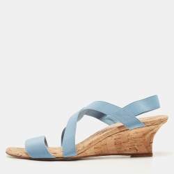 Manolo Blahnik Blue Stretch Fabric Terwe Cork Wedge Ankle Strap Sandals Size 40