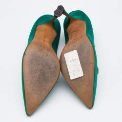 Pre Owned Manolo Blahnik Green Satin Embellished Pointed Toe Pumps Size 37.5