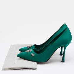 Pre Owned Manolo Blahnik Green Satin Embellished Pointed Toe Pumps Size 37.5