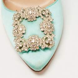 Pre Owned Manolo Blahnik Turquoise Satin Hangisi Pumps Size 38