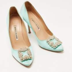 Pre Owned Manolo Blahnik Turquoise Satin Hangisi Pumps Size 38