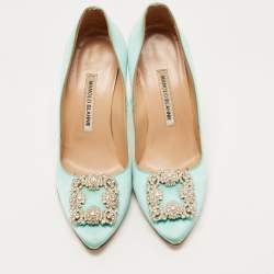 Pre Owned Manolo Blahnik Turquoise Satin Hangisi Pumps Size 38