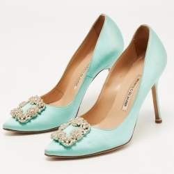 Pre Owned Manolo Blahnik Turquoise Satin Hangisi Pumps Size 38