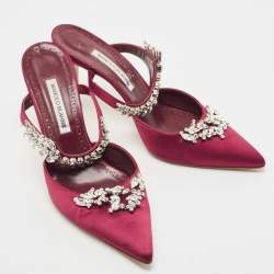 Pre Owned Manolo Blahnik Burgundy Satin Lurum Mules Size 42