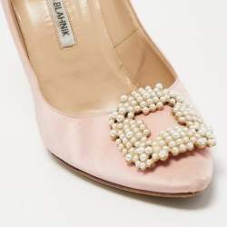 Manolo Blahnik Pink Satin Hangisi Embellished Pointed Toe Pumps Size 41