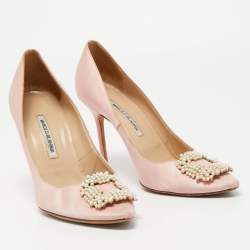 Manolo Blahnik Pink Satin Hangisi Embellished Pointed Toe Pumps Size 41