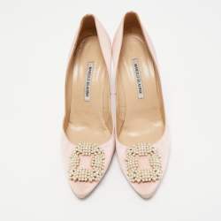 Manolo Blahnik Pink Satin Hangisi Embellished Pointed Toe Pumps Size 41