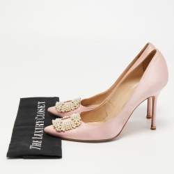 Manolo Blahnik Pink Satin Hangisi Embellished Pointed Toe Pumps Size 41