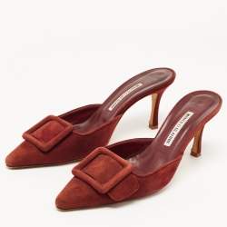 Pre Owned Manolo Blahnik Burgundy Suede Maysale Mules Size 40