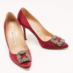 Pre Owned Manolo Blahnik Burgundy Satin Hangisi Pumps Size 37