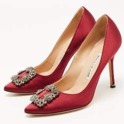 Pre Owned Manolo Blahnik Burgundy Satin Hangisi Pumps Size 37