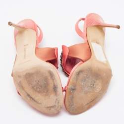 Pre Owned Manolo Blahnik Pink/Brown Satin Crystal Embellished Ankle Strap Sandals Size 37.5