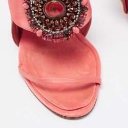 Pre Owned Manolo Blahnik Pink/Brown Satin Crystal Embellished Ankle Strap Sandals Size 37.5