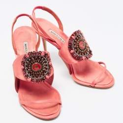 Pre Owned Manolo Blahnik Pink/Brown Satin Crystal Embellished Ankle Strap Sandals Size 37.5