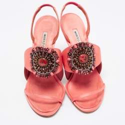 Pre Owned Manolo Blahnik Pink/Brown Satin Crystal Embellished Ankle Strap Sandals Size 37.5