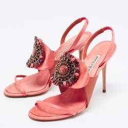 Pre Owned Manolo Blahnik Pink/Brown Satin Crystal Embellished Ankle Strap Sandals Size 37.5