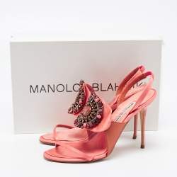 Pre Owned Manolo Blahnik Pink/Brown Satin Crystal Embellished Ankle Strap Sandals Size 37.5