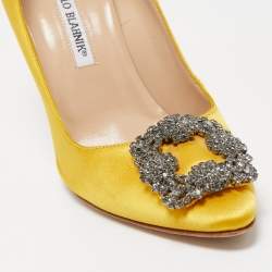 Pre Owned Manolo Blahnik Yellow Satin Hangisi Pumps Size 37.5