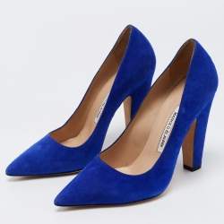 Pre Owned Manolo Blahnik Blue Suede Pointed Toe Pumps Size 38.5