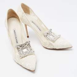 Pre Owned Manolo Blahnik White Lace and Net Borlak Pumps Size 37.5