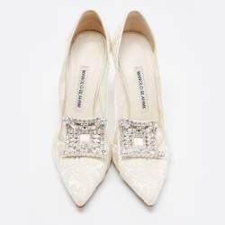 Pre Owned Manolo Blahnik White Lace and Net Borlak Pumps Size 37.5