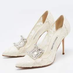 Pre Owned Manolo Blahnik White Lace and Net Borlak Pumps Size 37.5