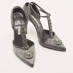 Pre Owned Manolo Blahnik Grey Satin and Suede Eridania Pumps Size 39